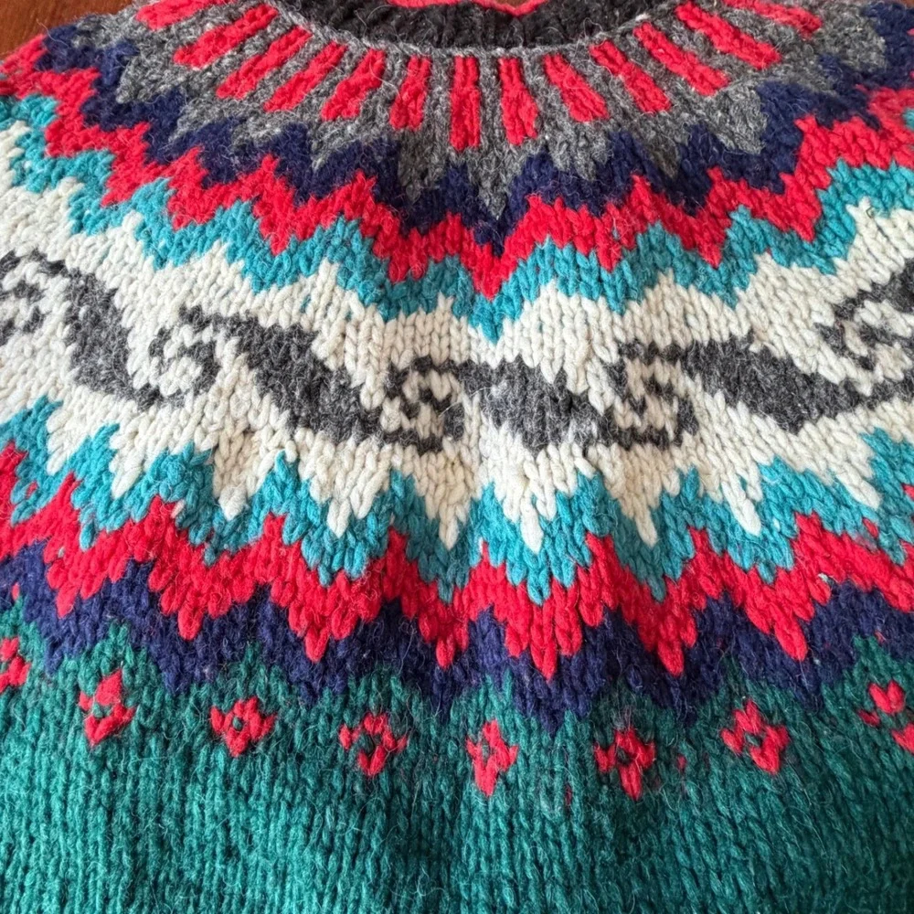 Rey Wear Handmade Wool Cardigan Green Fair Isle Llama Chunky Sweater Ecuador